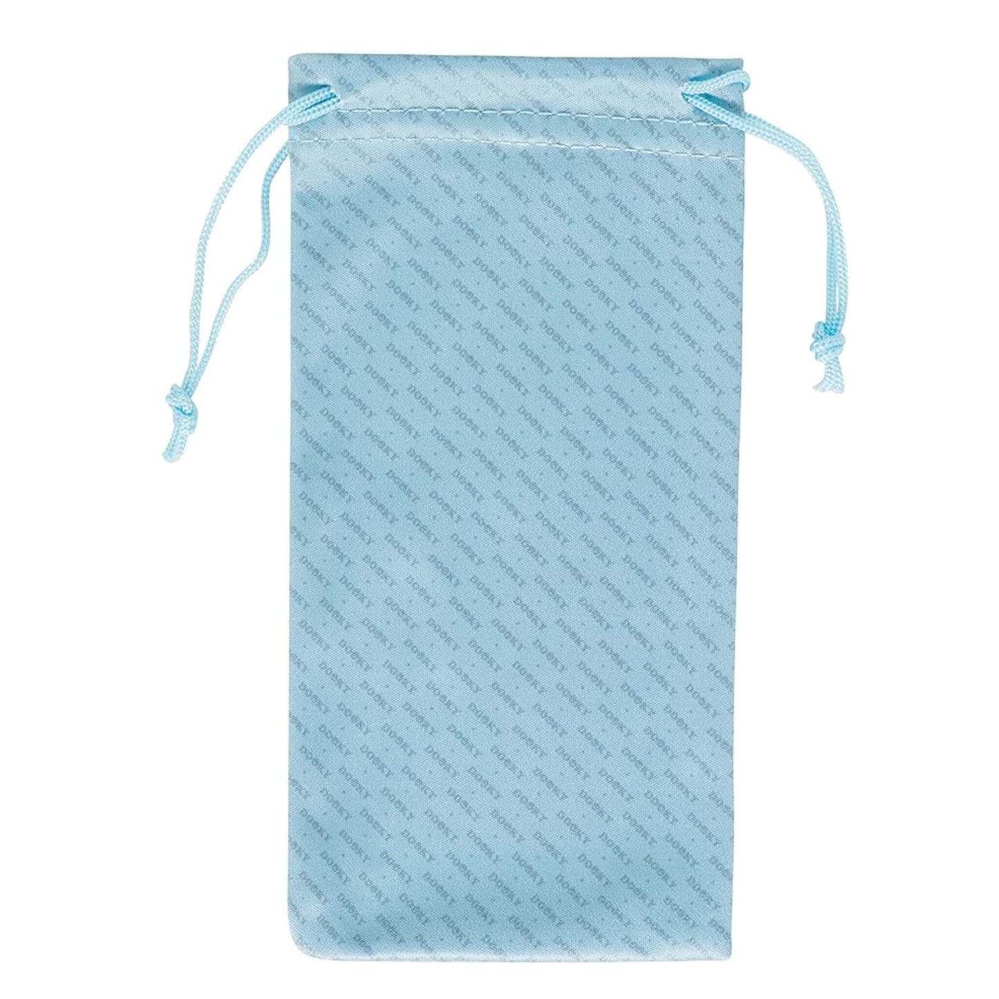 A soft blue drawstring pouch displayed upright, patterned with small repeating text and designed for storing baby or toddler sunglasses.
