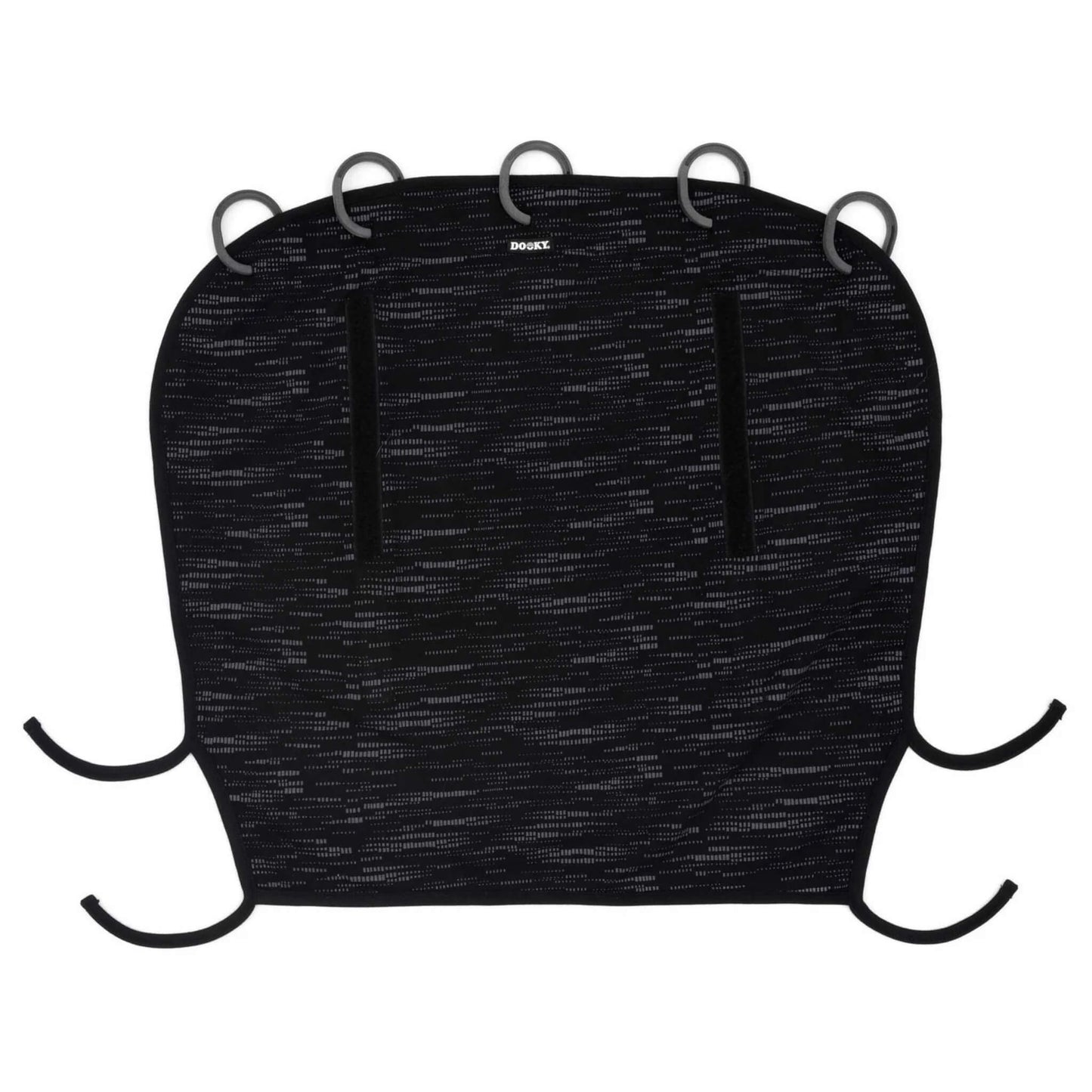 Dooky Sun Shade in matrix black shown flat with five black plastic rings, two vertical Velcro strips, and four corner tie-downs. Plain grey fabric, ready for attachment.