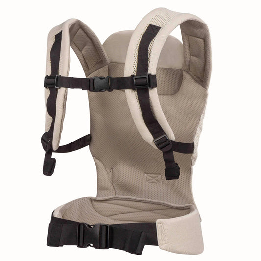 Rear view of a beige baby carrier showing padded shoulder straps, adjustable back buckle and wide supportive waist belt.