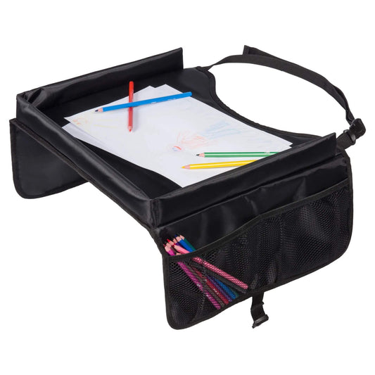 A black travel table with raised edges holding sheets of paper and coloured pencils, with mesh pockets on the side containing more pencils.
