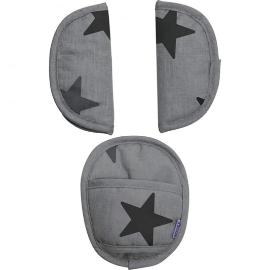 Grey Stars Dooky Universal Pads shown as a three-piece set, including two strap covers and one buckle pad, displayed on a white background.