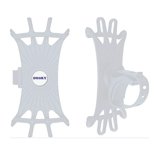 A transparent silicone phone holder with a flexible grip design and adjustable strap viewed from the front and side.