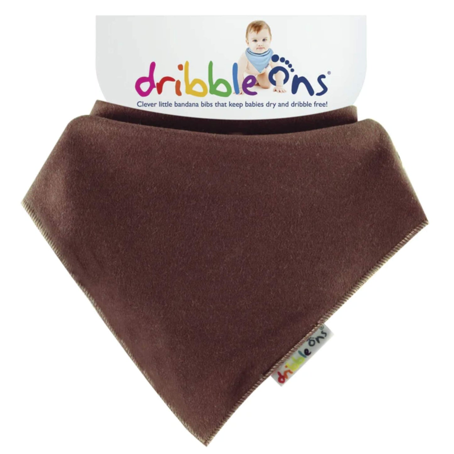Brown baby bib with 'dribble ons' branding on a white background