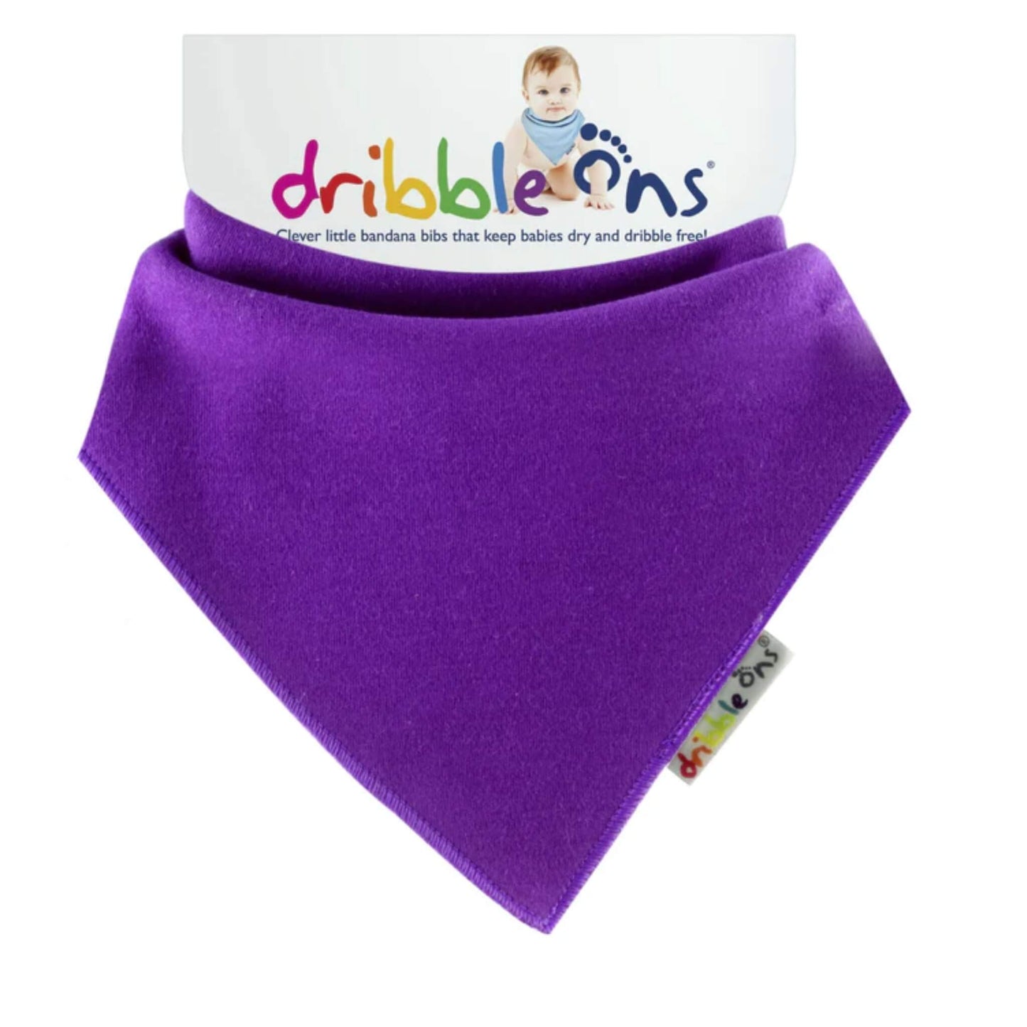Purple baby bib with 'dribble ons' packaging on a white background