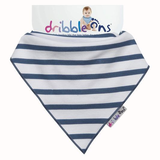 Blue and white striped bandana bib and Dribble Ons tag attached to branded backing card.