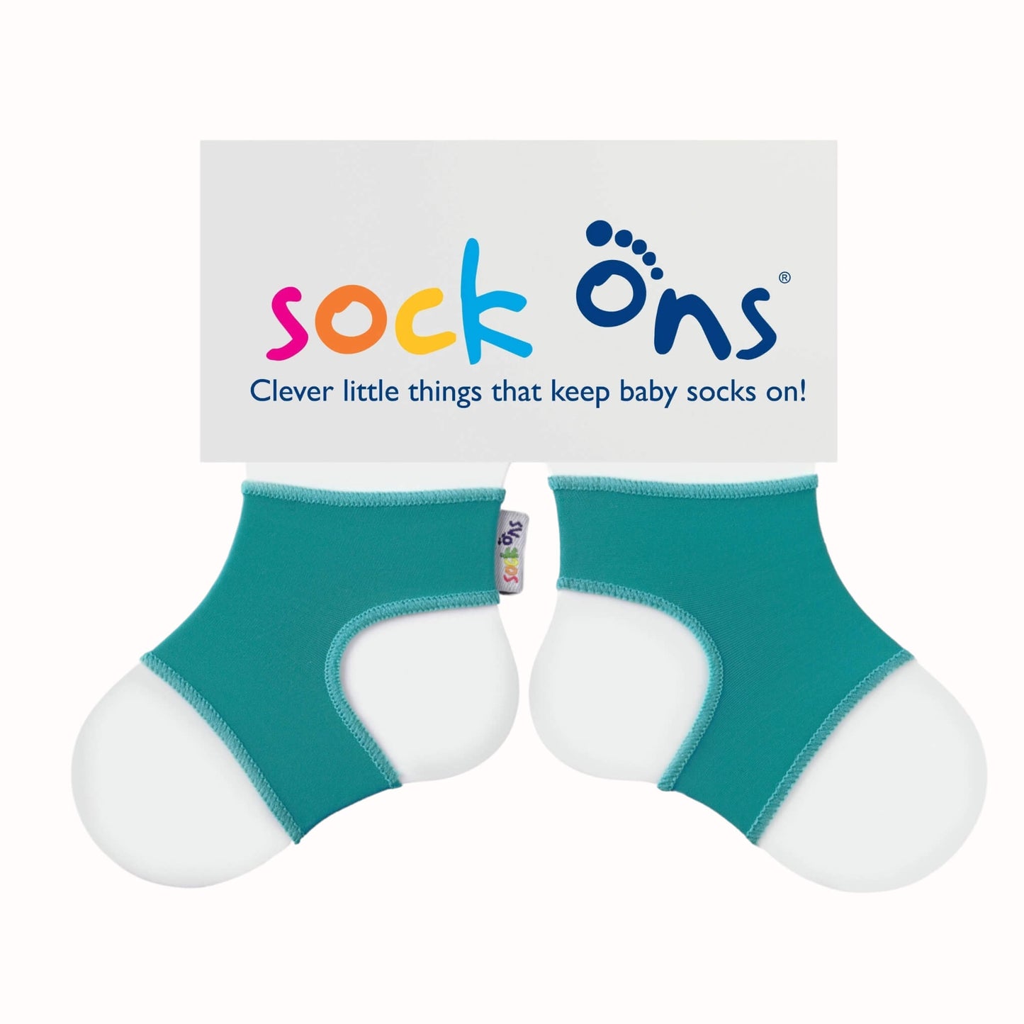 Pair of turquoise Sock Ons baby sock holders displayed on branded packaging card.