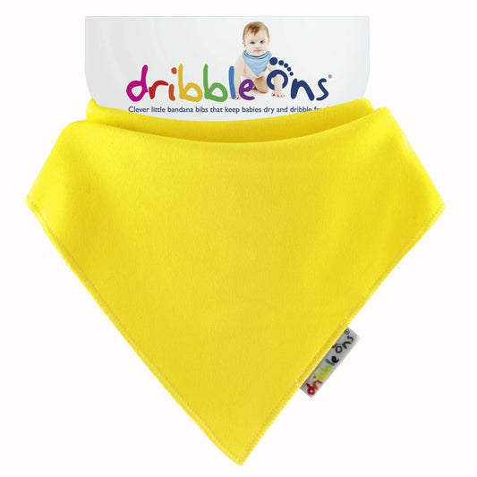 Bright yellow bandana bib with soft jersey fabric and Dribble Ons tag attached to branded backing card.