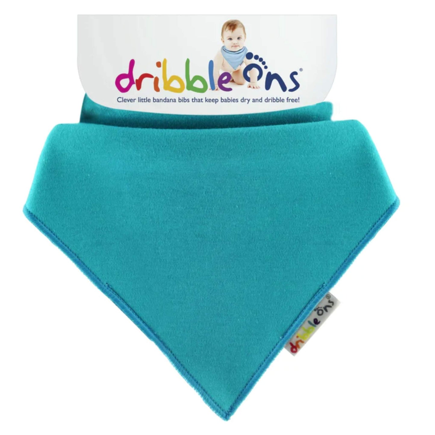 Turquoise baby bib with 'dribble ons' packaging on a white background