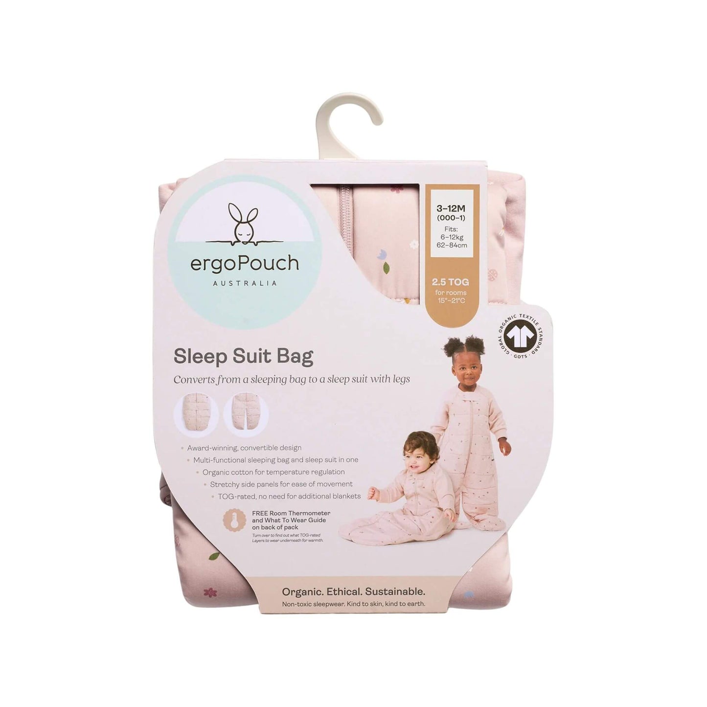 Retail packaging of the ergoPouch Sleep Suit Bag 2.5 TOG in Daisies design, showing product details and branding on the front label.