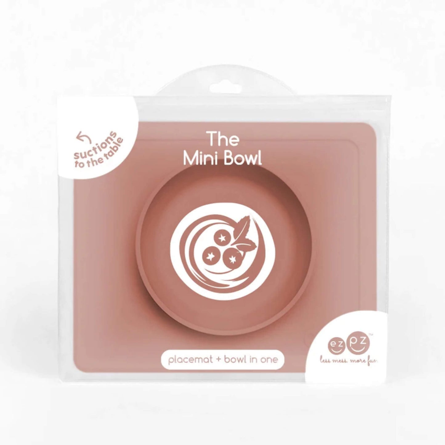 Retail packaging showing a sienna silicone placemat and bowl set, labelled “The Mini Bowl”, with suction-to-table detail visible on the front.