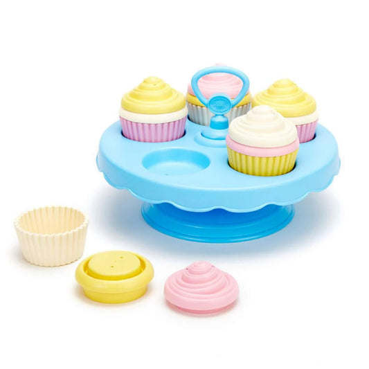 Cupcake stand shown with two cupcake pieces disassembled to reveal mix-and-match parts.