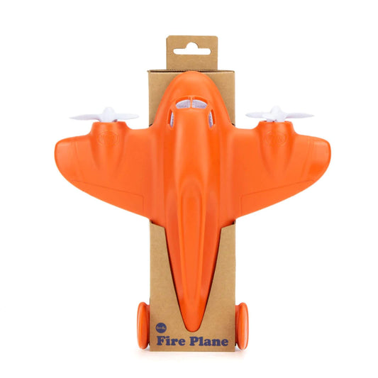 Green Toys Fire Plane displayed vertically in its packaging, showing the full wingspan and front propellers.