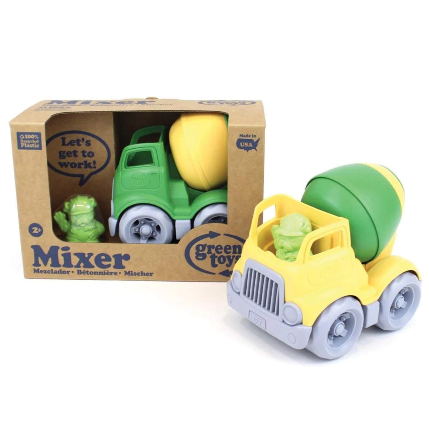 Toy mixer truck displayed outside the box alongside its packaging, showing both the full truck and the separate driver figure.
