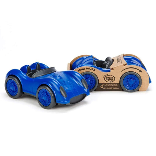Two blue Green Toys Racing Cars—one unpackaged, one in branded cardboard packaging—displayed side by side on a white background.