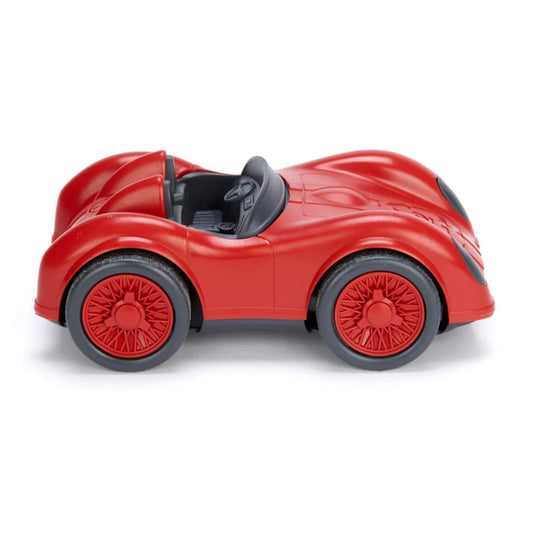 Red Green Toys Racing Car with black wheels and open-top design, shown in close-up on a white background.