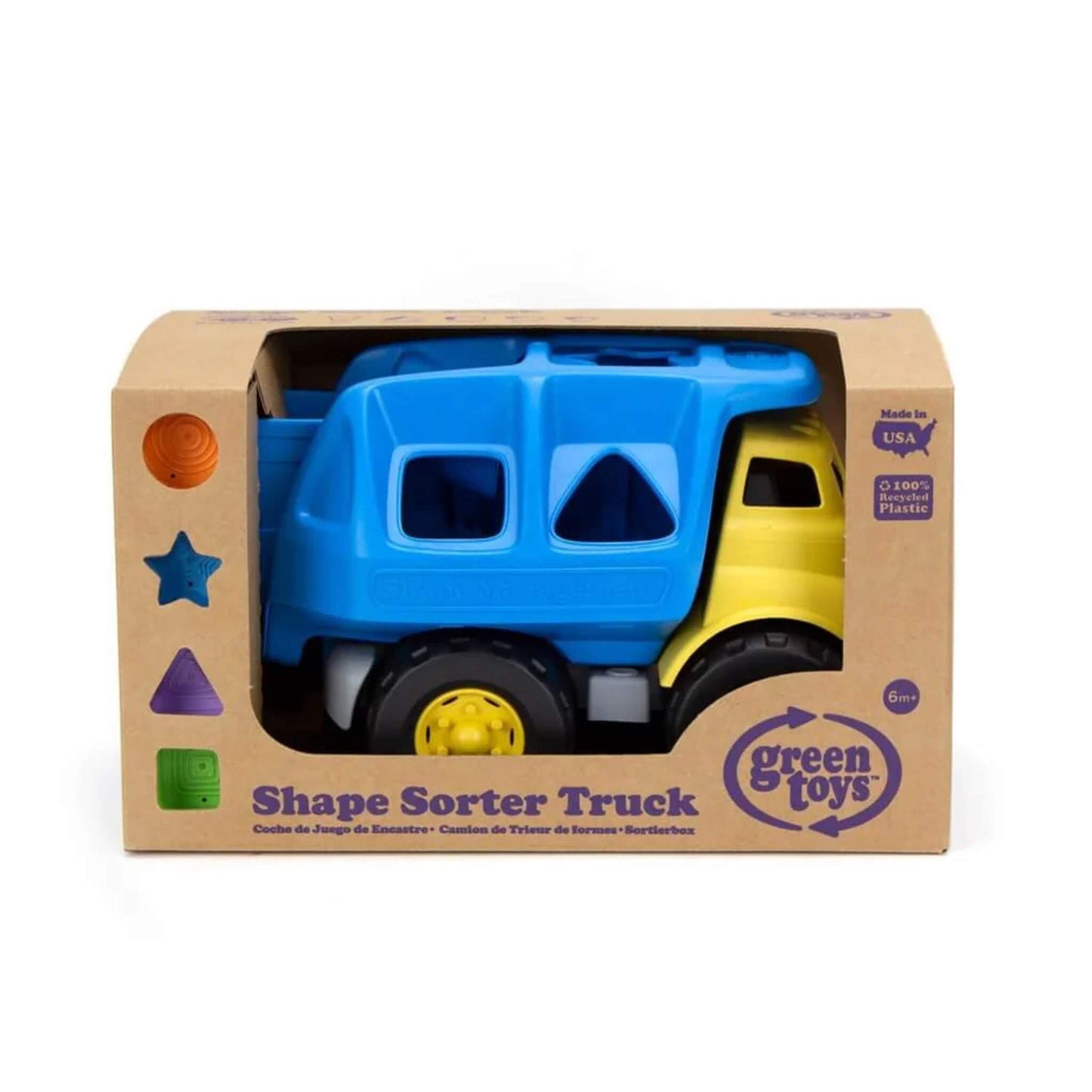 Front-facing boxed view showing the truck through packaging window with shape icons and text label ‘Shape Sorter Truck’.