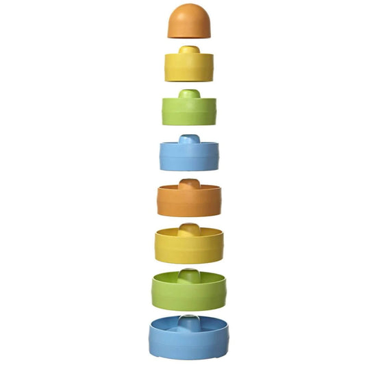 Green Toys Stacker shown separated into eight colourful pieces, stacked vertically to highlight size and order.