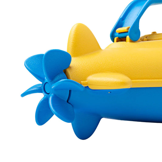Close-up of the submarine's blue rear propeller and yellow tail fins, showing moulded detail.