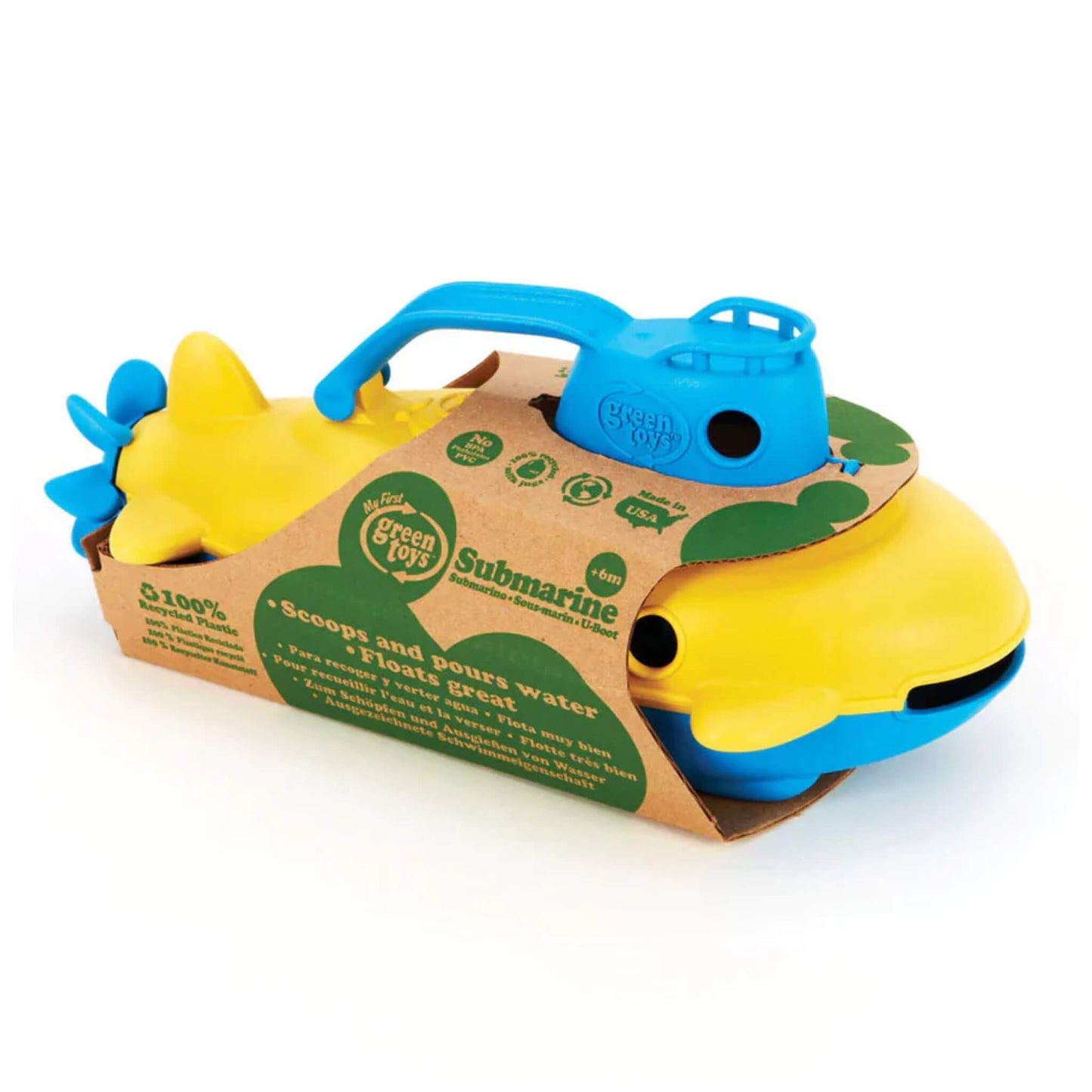 Green Toys Submarine in its recycled cardboard packaging, with eco-friendly credentials and features clearly printed.