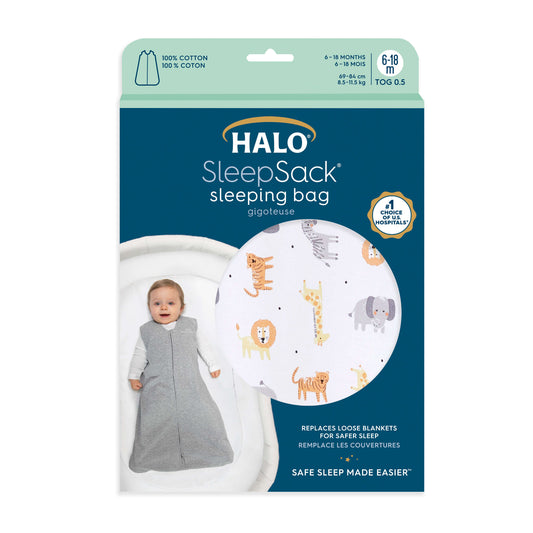 HALO SleepSack sleeping bag in packaging with safari print detail, suitable for babies aged 6–18 months, TOG 0.5.