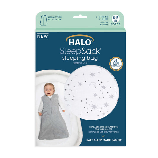 HALO SleepSack Midnight Moons print in retail packaging. TOG 0.5 for ages 6–18 months. #1 choice of US hospitals.