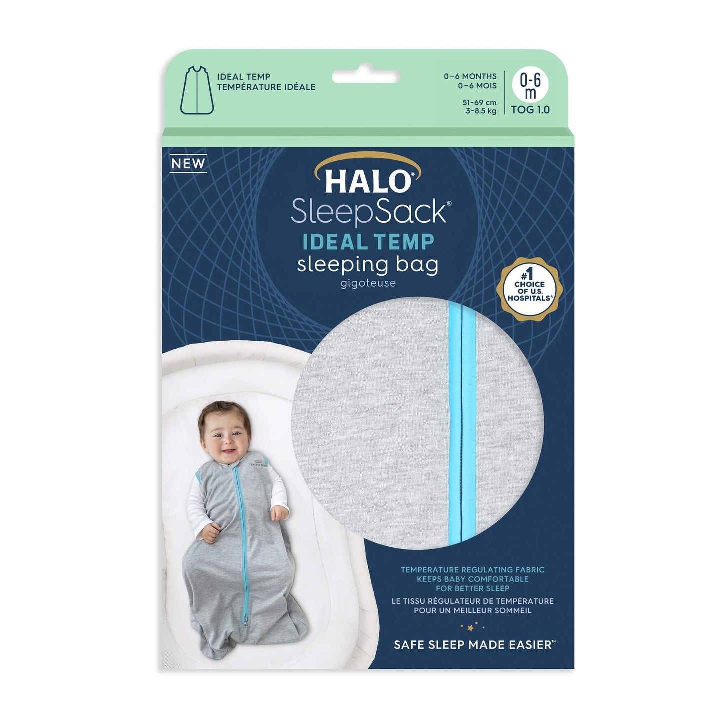 Halo Sleepsack Ideal Temp Sleeping Bag - 1.0 Tog (Heather Grey/Aqua)