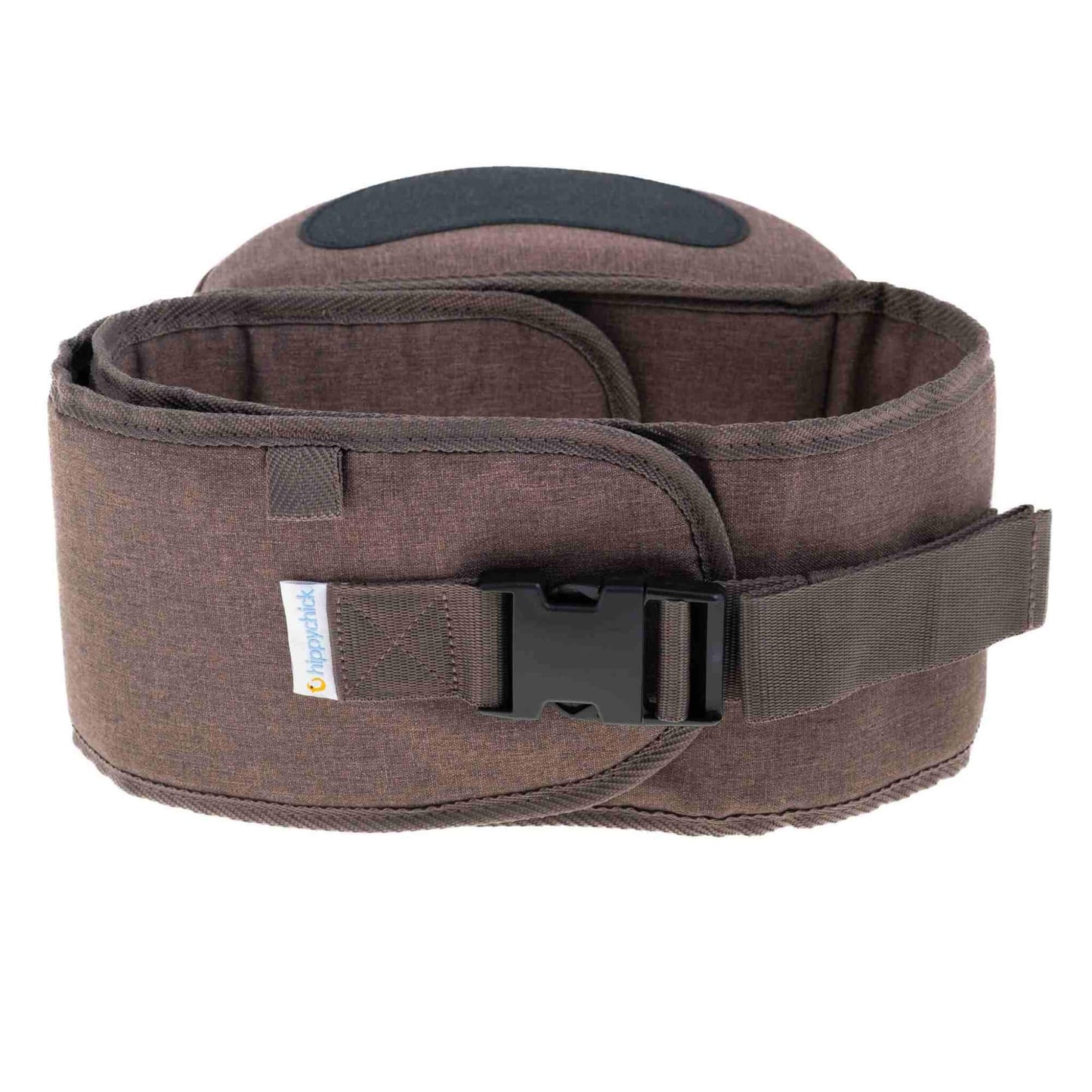 Angled view of mocha hipseat baby carrier showing waistband and seat support.