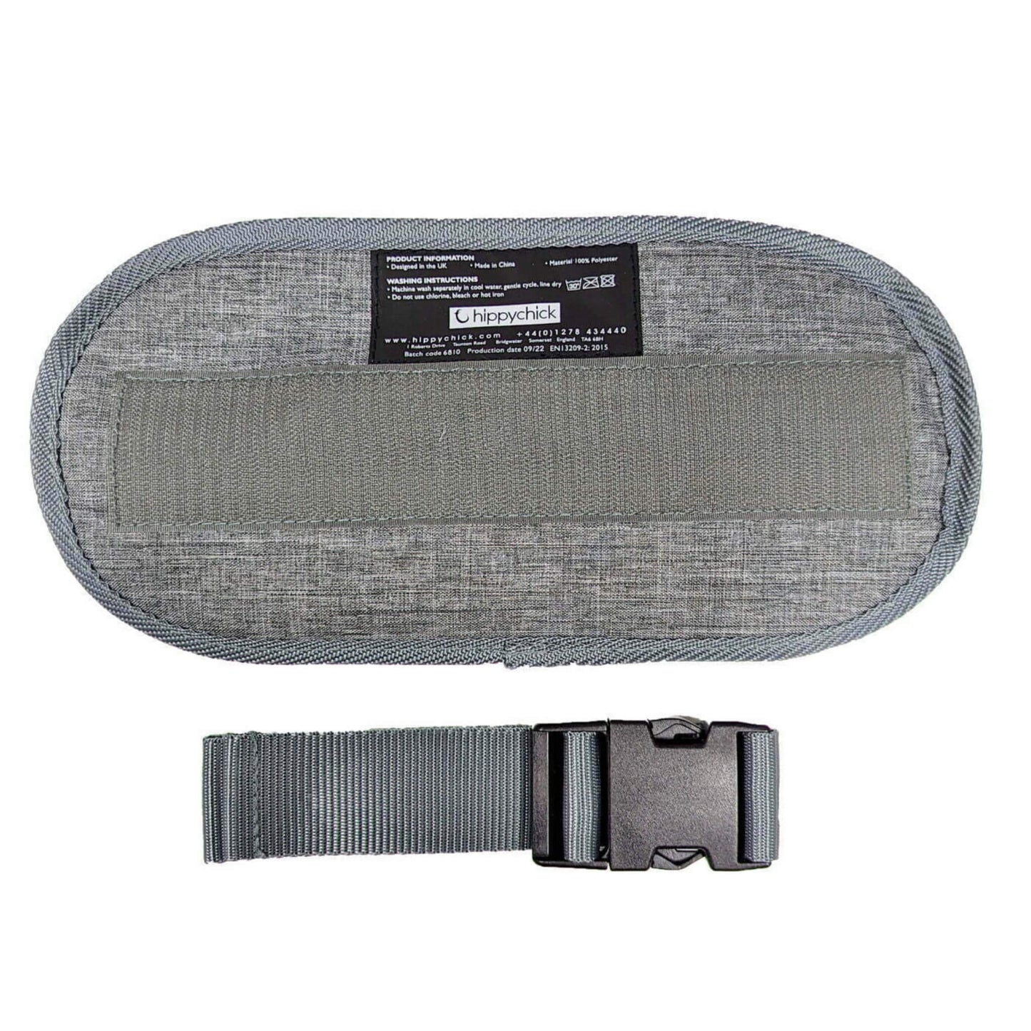 Grey Hippychick Hipseat Extension showing fabric texture with waistband strap and buckle.