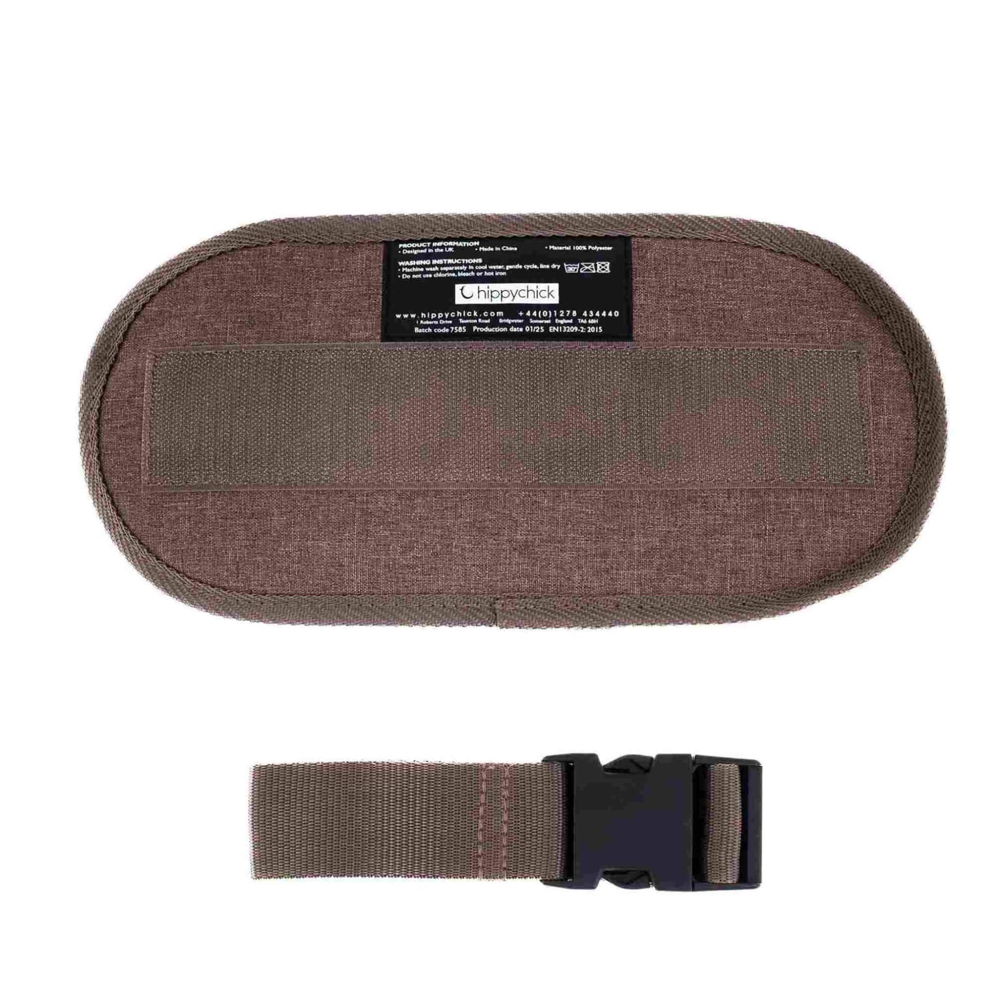 Mocha Hippychick Hipseat Extension displayed flat with matching strap and buckle.
