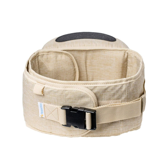 Adjustable waistband and buckle fastening of the Hipseat Denim Oatmeal shown from the rear.