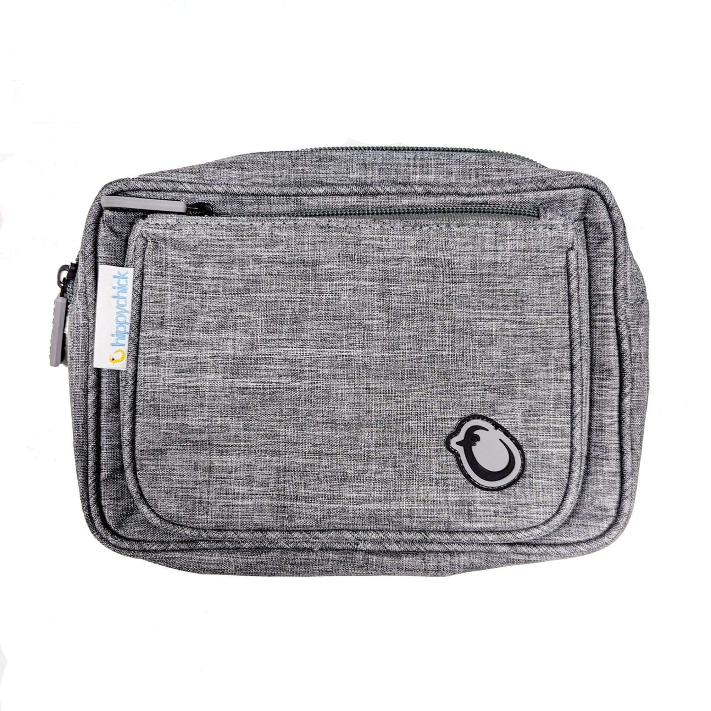 Hippychick Hipseat Pouch in grey fabric with stitched detailing, zip closure and brand logo patch.