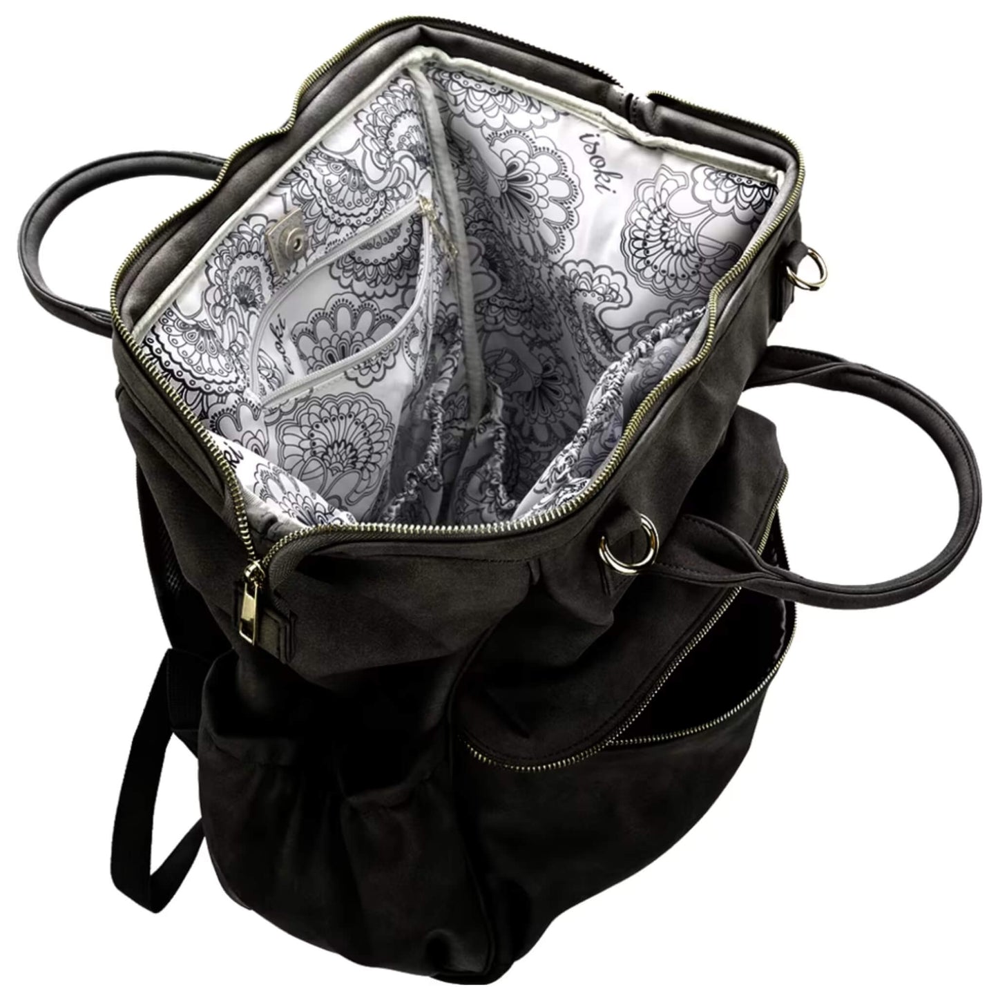 Open top view of black changing backpack revealing wide hinged opening, patterned wipe-clean lining and multiple inner pockets for organisation.