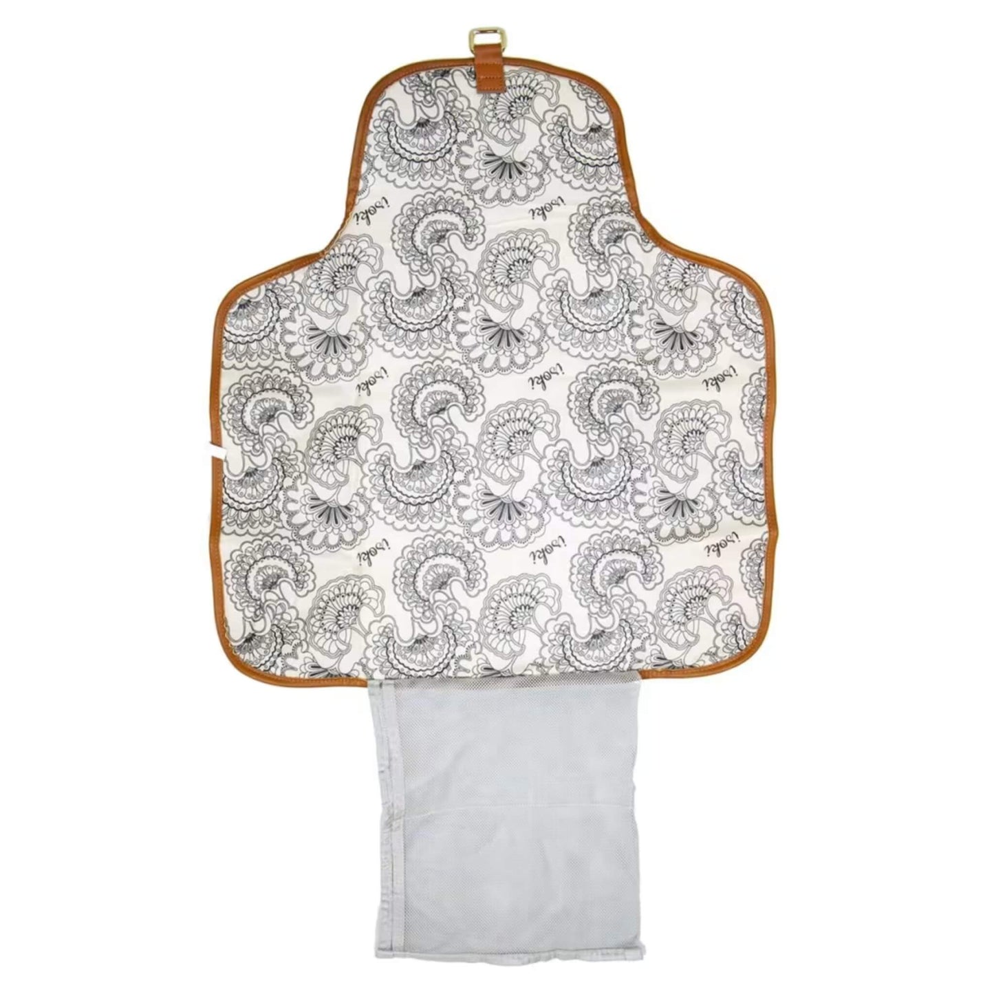 Open change mat clutch showing the patterned padded mat, mesh pocket for nappies and wipes, and storage section for essentials.