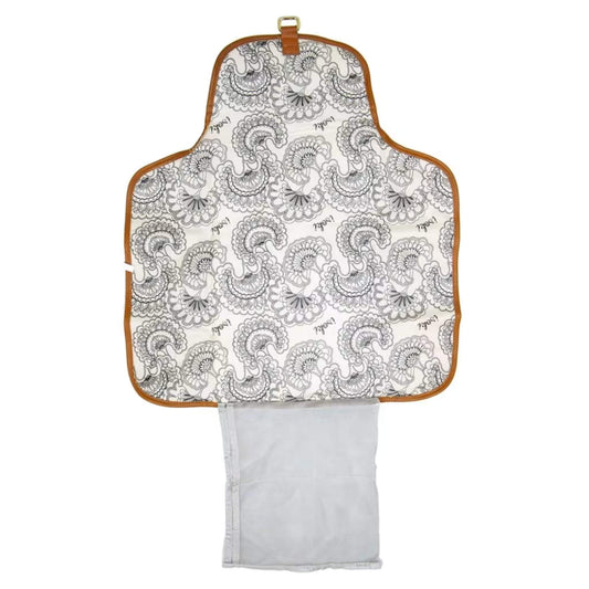 Open change mat clutch showing the patterned padded mat, mesh pocket for nappies and wipes, and storage section for essentials.