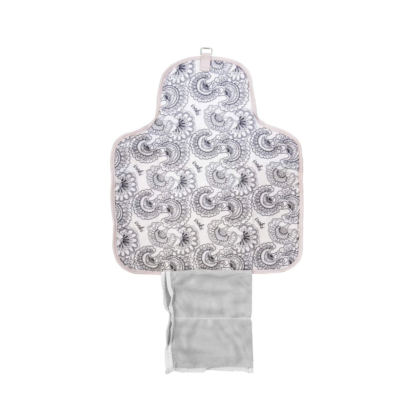 Open change mat clutch showing the patterned padded mat, mesh pocket for nappies and wipes, and storage section for essentials.