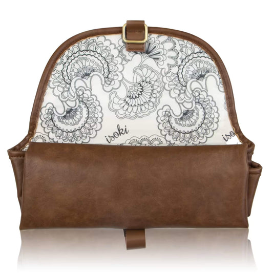 Partially open redwood chestnut change mat clutch showing interior patterned lining and buckle fastening detail.