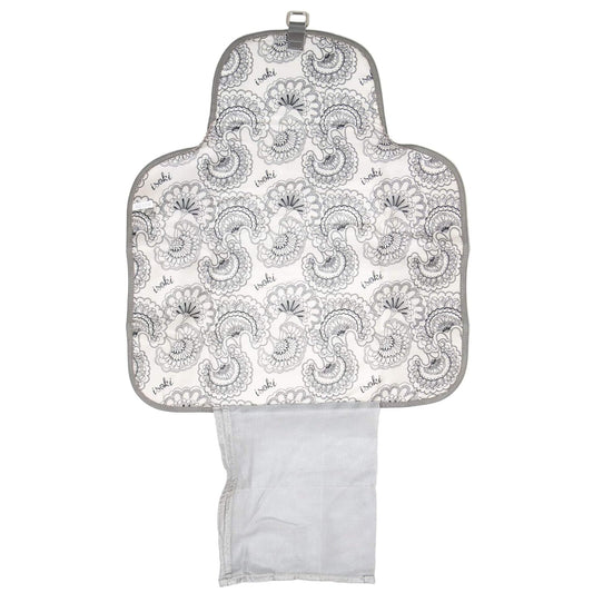 Open change mat clutch showing the patterned padded mat, mesh pocket for nappies and wipes, and storage section for essentials.