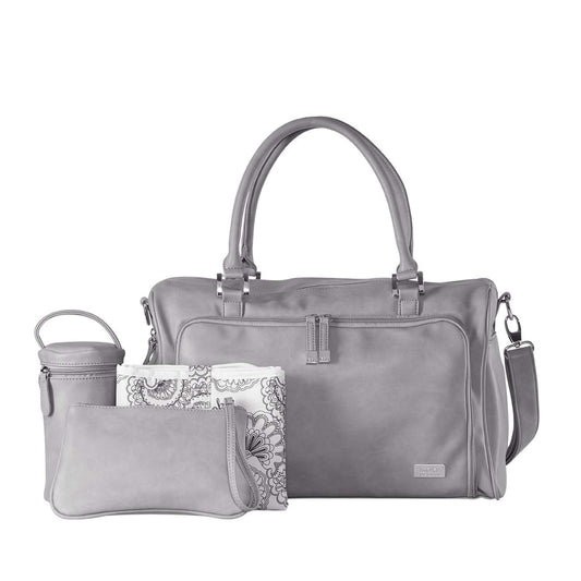 Satchel style Changing Bag in grey shown with matching accessories including an insulated bottle holder, padded change mat, and small zip purse.