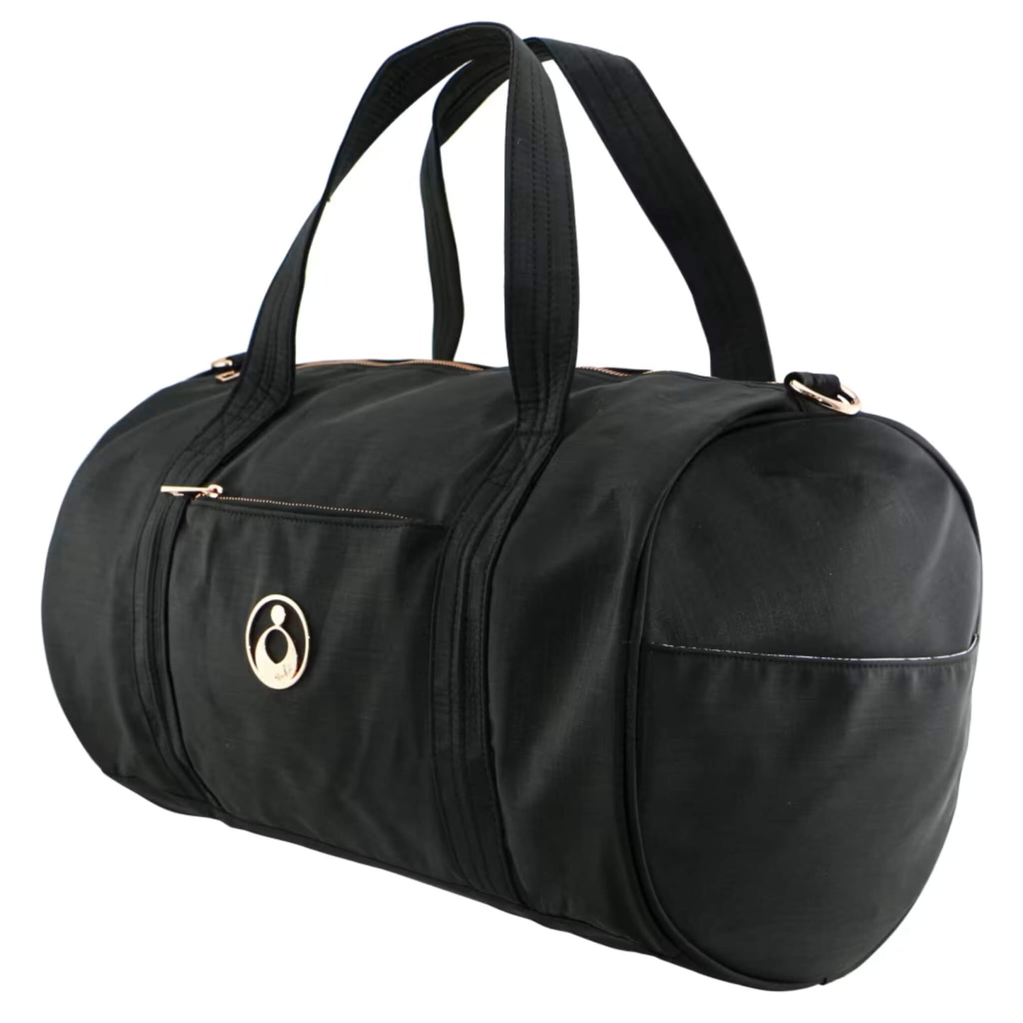 Angled side view of a black nylon duffle changing bag with front zip pocket, rounded ends, and rose-gold trim.