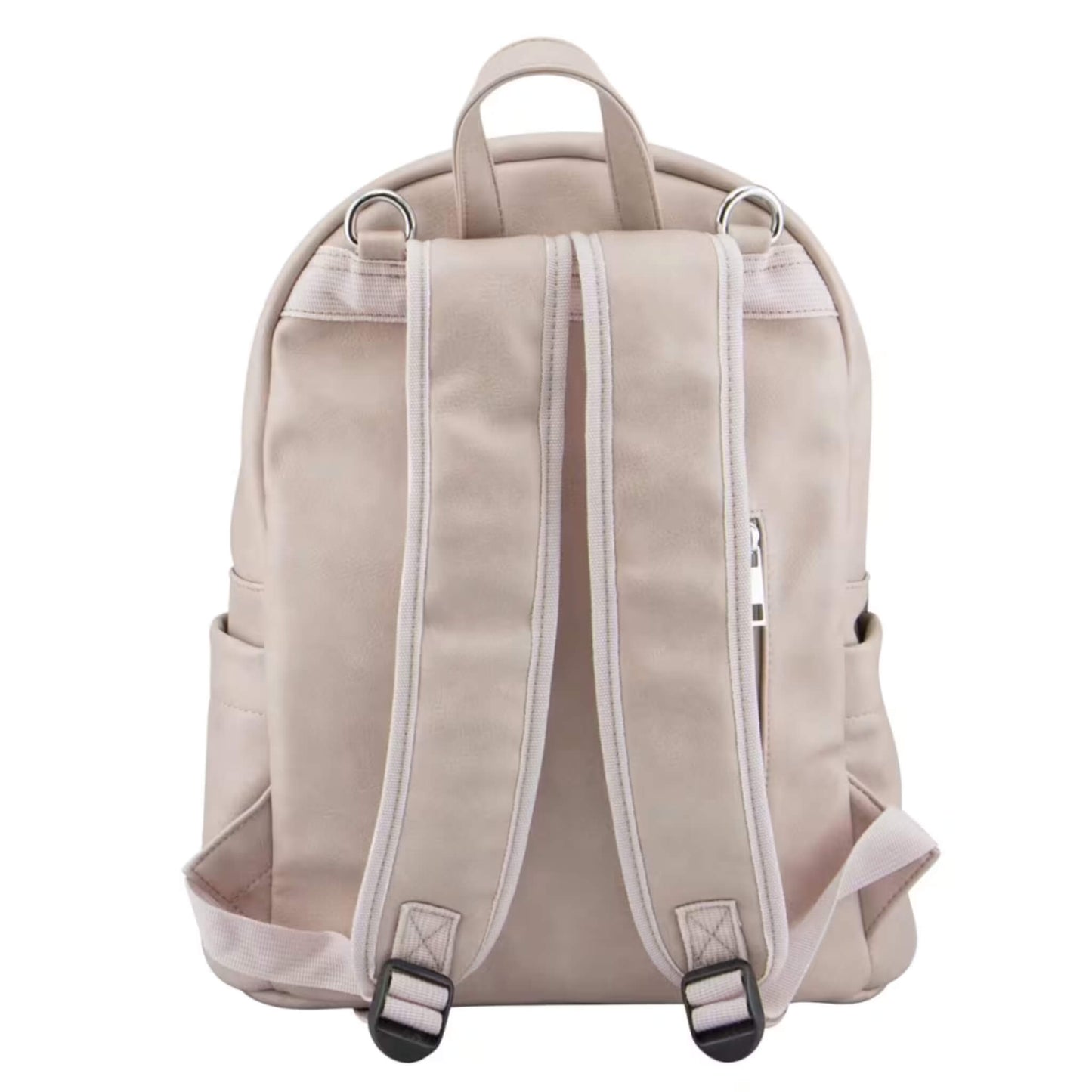 Rear view of mushroom-toned backpack showing padded adjustable shoulder straps, top carry handle, and subtle stitching details.