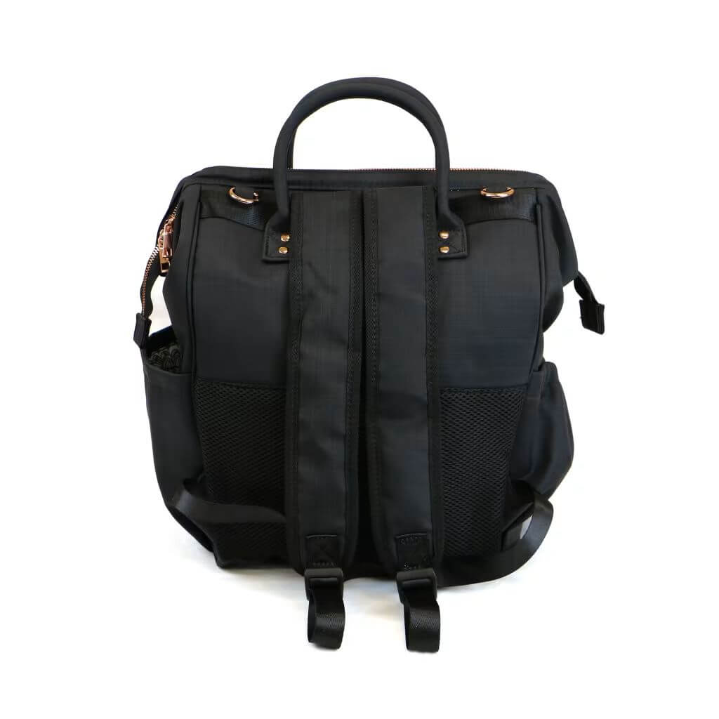 Isoki Byron nappy bag back view in black nylon, featuring shoulder straps, mesh pockets, and sleek, durable design.