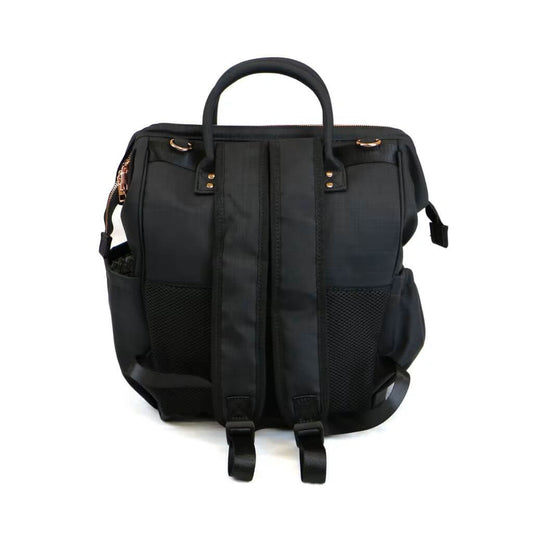 Isoki Byron nappy bag back view in black nylon, featuring shoulder straps, mesh pockets, and sleek, durable design.