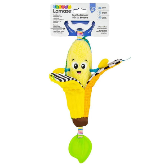 Soft banana-shaped toy with cheerful face shown in packaging; peel partly open to reveal striped and spotted textures and a green teething leaf at the bottom.