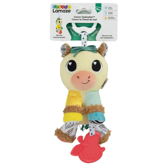 Close-up of Carson Clydesdale baby toy in retail packaging with Lamaze branding and hanging clip.