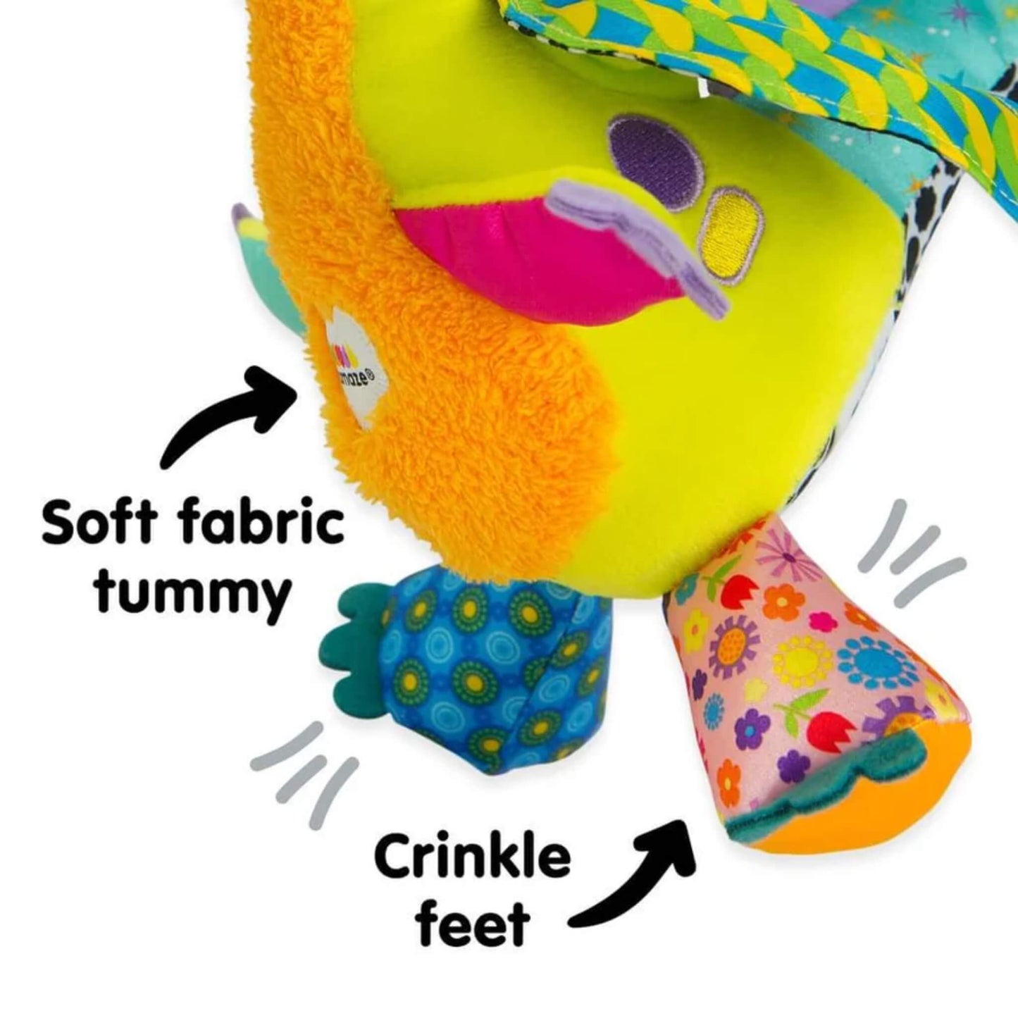 Soft toy with orange textured tummy and multicoloured crinkly feet designed to encourage tactile discovery through touch and sound.