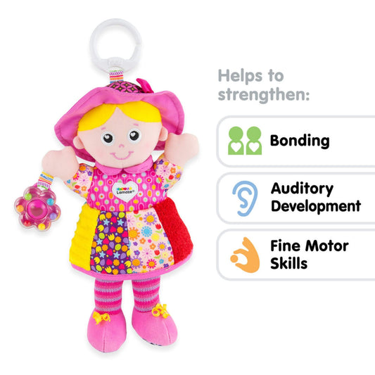 Soft doll toy shown beside icons highlighting its developmental benefits, including bonding, auditory development, and fine motor skills.