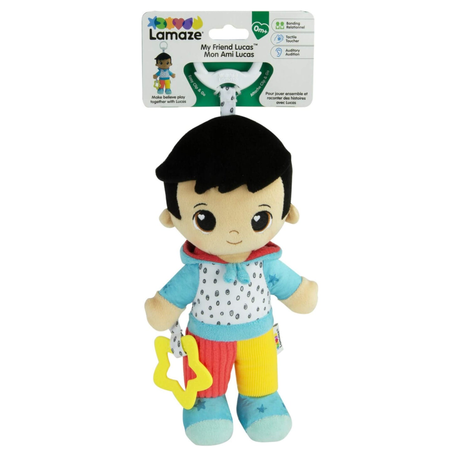 Lamaze My Friend Lucas doll displayed in retail packaging, showing its bright outfit, soft body and attached star teether.