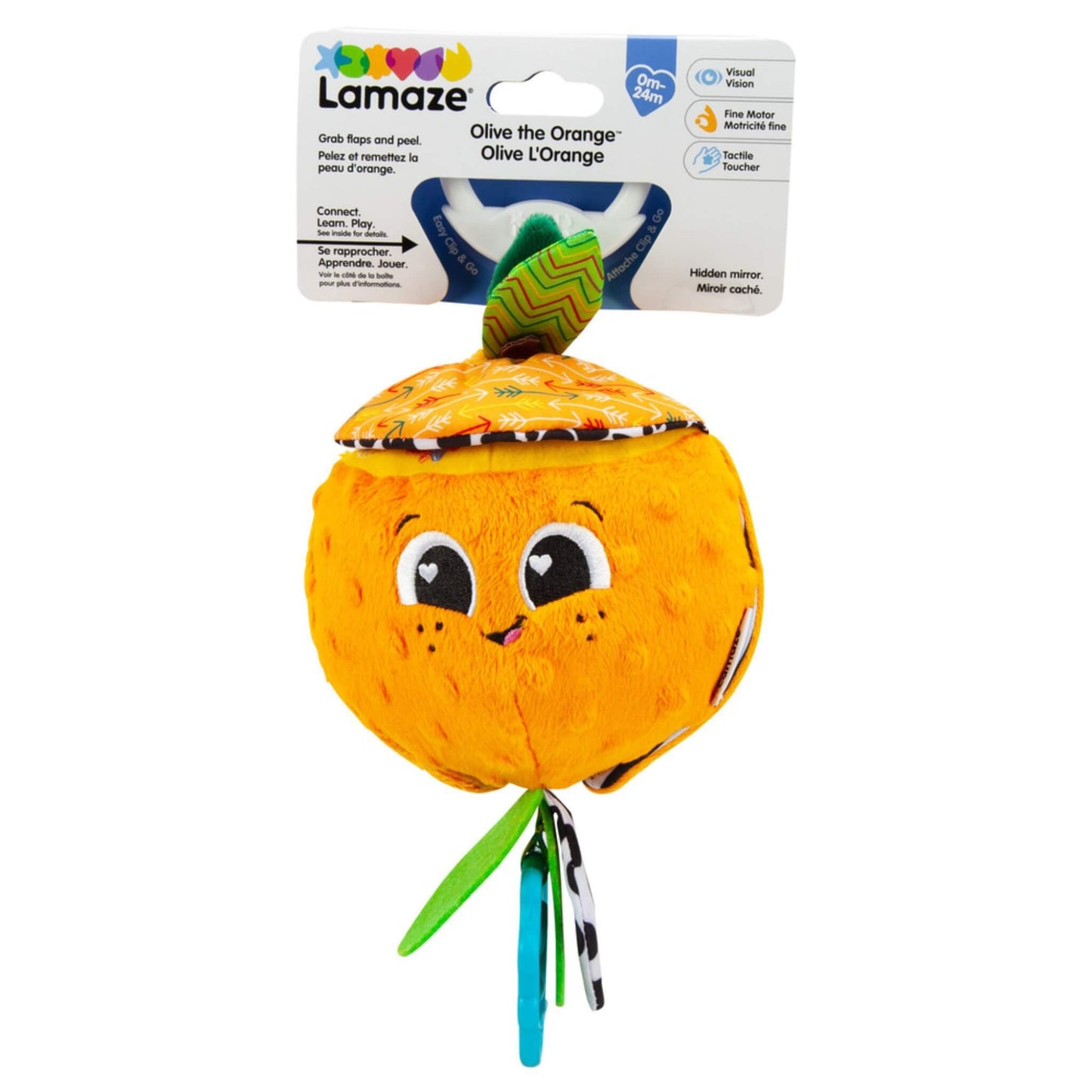 Plush orange baby toy shown in its retail packaging with colourful label, highlighting its sensory design for visual, tactile, and motor development.