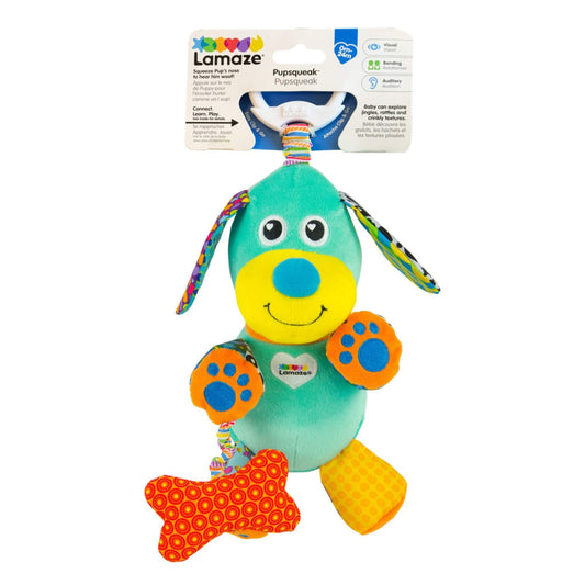 Lamaze Pupsqueak packaged on a display card showing product details and hanging clip.