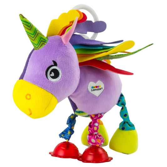 Soft purple unicorn toy with a yellow nose, patterned fabric legs and a rainbow felt mane.